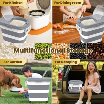 HOYTAMDA 20-30Lbs Rice Container,Collapsible Airtight Food Storage Containers with Wheels,Handle,Rice Storage Container with Small Bin and Scoop,Rice Dispenser for Flour Sugar Cereal Grain Dog Cat