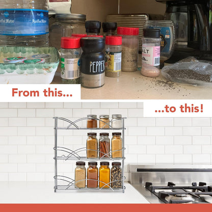 Spectrum 3 Tier Spice Rack Organizer Black Countertop Wire Shelf Spice Rack for Modern Kitchen Pantry Cabinet, Organize Spices with Three Tier Spice Shelf for Kitchen Storage with Wall Mount Option