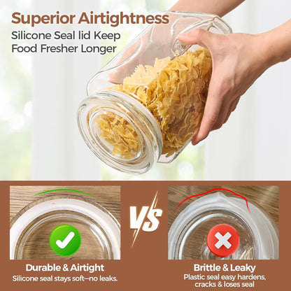ComSaf 64 oz Glass Flour and Sugar Storage Containers Set of 2, Wide Mouth 1/2 Gallon Square Airtight Pantry Jars with Lids, Space-Saving Minimalist Kitchen Organization