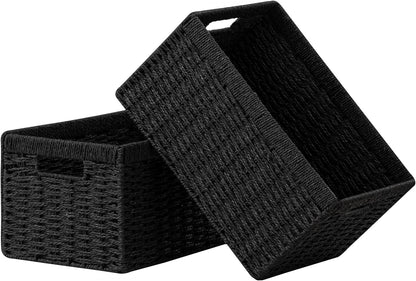 UBBCARE Wicker Basket, 13.4L×8.3H×7.1W inch Woven Paper Rope Storage Baskets for shelves, Foldable Rectangular Storage Baskets with Handle, Storage Basket for Organizing, Black