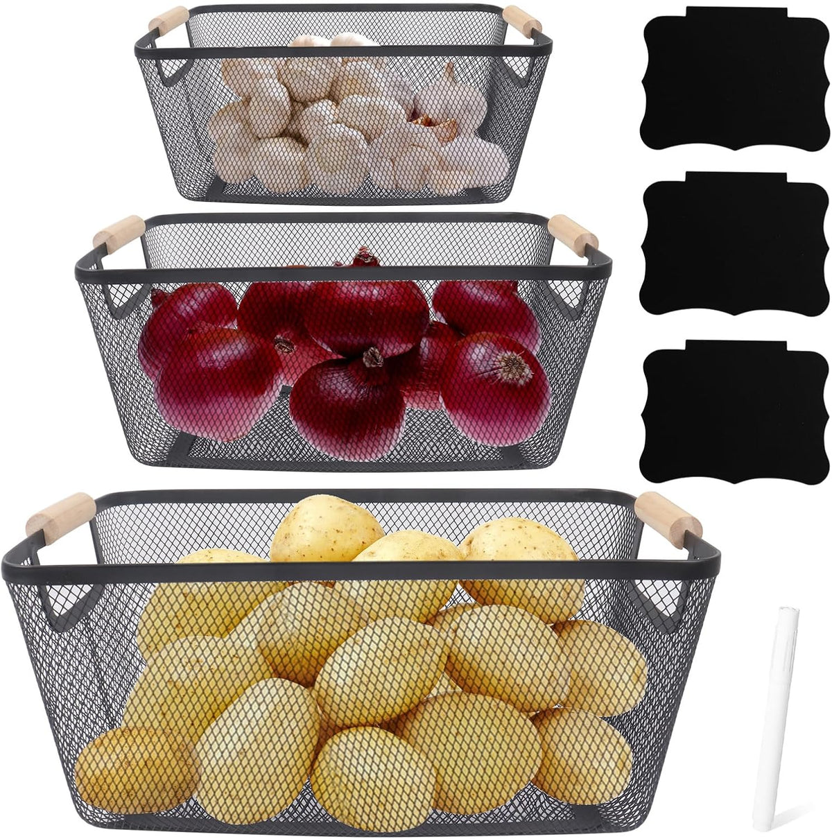 Potato and Onion Storage Bin, 2 Set Potato Bin Storage and Onion Container with Wooden Handle, Pantry Kitchen Organization and Storage, Metal Mesh Baskets for Fruit, Vegetable, Produce-Black