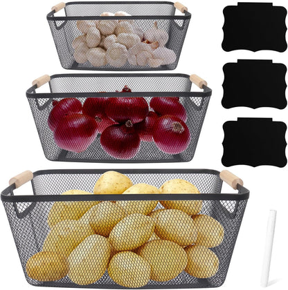 Potato and Onion Storage Bin, 2 Set Potato Bin Storage and Onion Container with Wooden Handle, Pantry Kitchen Organization and Storage, Metal Mesh Baskets for Fruit, Vegetable, Produce-Black