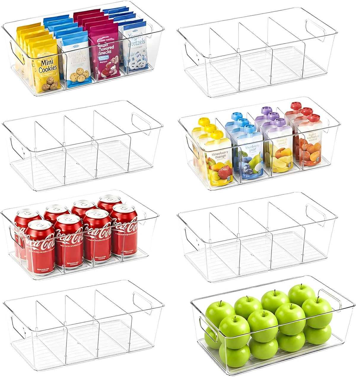 Pantry Organizers and Storage, Food Storage Containers with 3 Removable Divider for Kitchen, Fridge, Cabinet Organization, Clear Plastic Storage Bins for Snacks, Spice Packets, Packets, Pouches