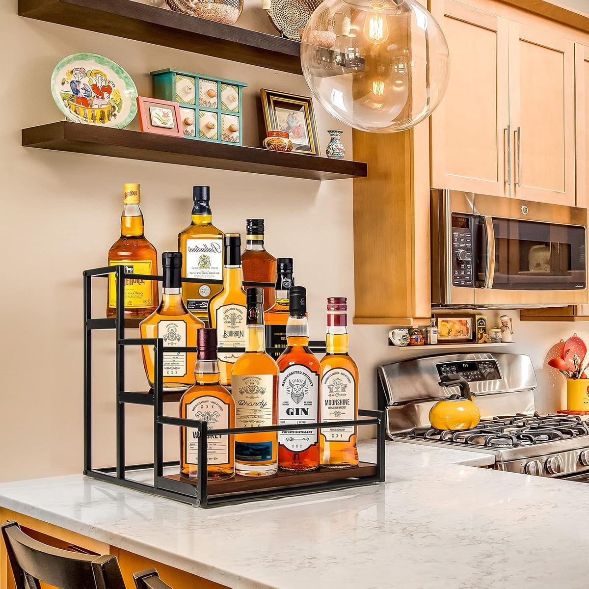 THYGIFTREE Coffee Syrup Rack Organizer 2-Tier 10 Syrup Bottles Holder Stand Metal with Wood Base for Coffee Bar Storage Shelves for Kitchen Countertop Matte Black