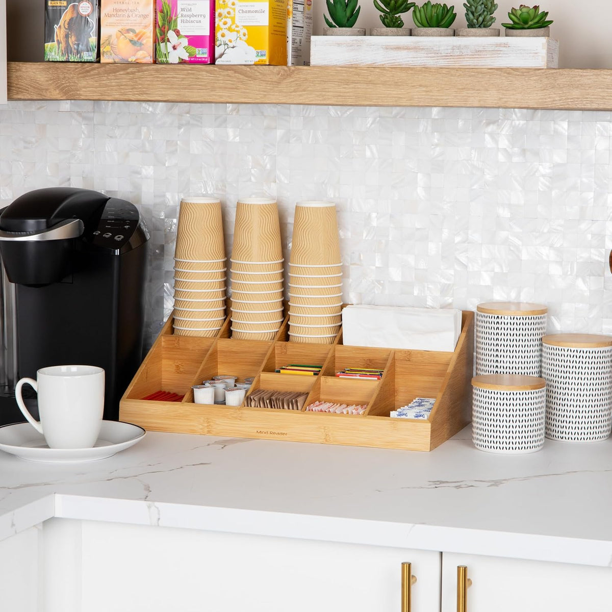 Mind Reader Cup and Condiment Station, Countertop Organizer, Coffee Bar, Kitchen, Stirrers, 17.875"L x 9.5"W x 6.625"H, Black