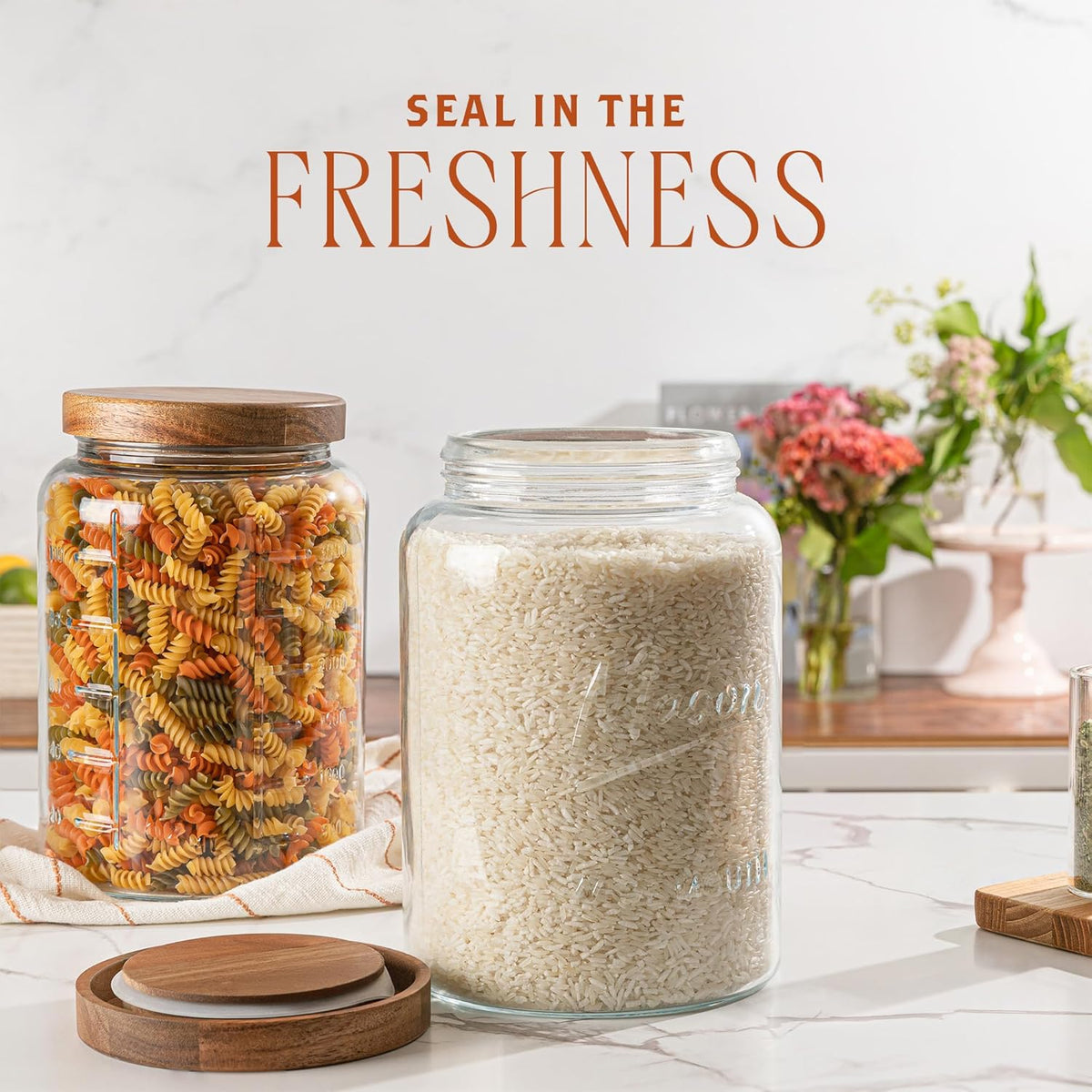 kitchentoolz Extra Large Mason Jar - 1 Gallon Glass Wide Mouth Jar with Airtight Wooden Lid, Food Storage Container with Measurement Markings For Kitchen Pantry, Pickling, Cookies, Flour & Sugar