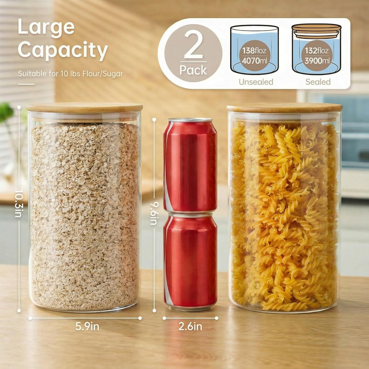 32oz - Glass Jars with Bamboo Lids, Glass Pantry Storage Containers with Airtight Lids, Round Air Tigh Food Storage Canisters for Cereal, Pasta, Flour, Sugar, Rice, Best for Kitchen Organizer