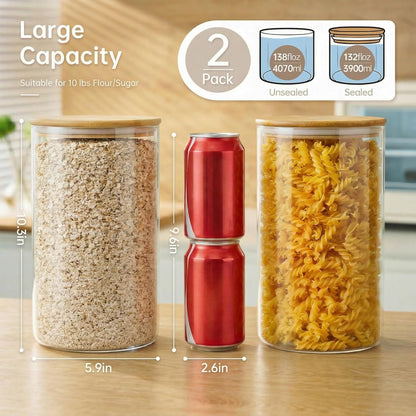 32oz - Glass Jars with Bamboo Lids, Glass Pantry Storage Containers with Airtight Lids, Round Air Tigh Food Storage Canisters for Cereal, Pasta, Flour, Sugar, Rice, Best for Kitchen Organizer