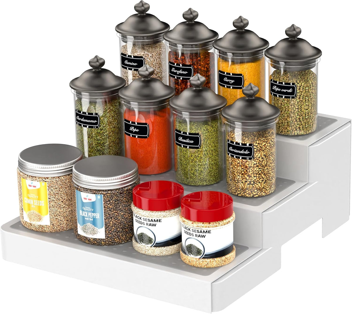 YAN & HIN Expandable Spice Rack Organizer for Cabinet (2 Pack), 3-Tier Tiered Spice Shelf Organizer with Non-Skid Surface, Spice Riser, Adjustable Pantry Organizer for Spices, Cans & Medicine Cabinet