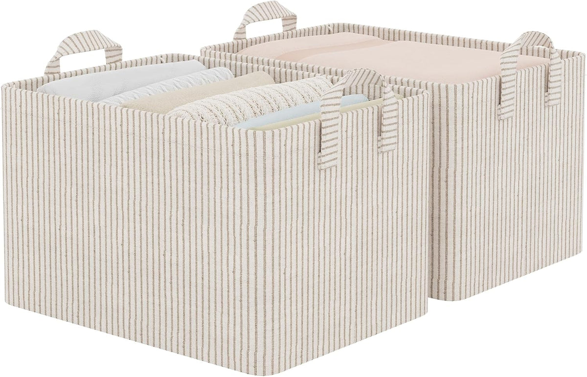 StorageWorks Storage Bins, Shelves Baskets for Organizing, Fabric Closet Organizers with Handles, Metal Frame, Beige-Cotton-linen, 2-Pack