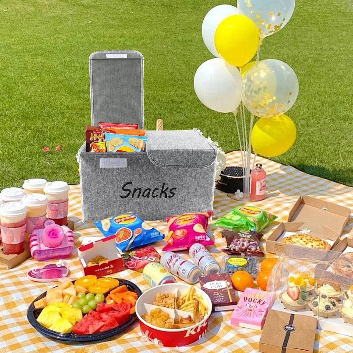 Snack Organizer for Pantry Shelf, Fabric Snack Organizer with Double Lids & Handles, Large 2-Compartment Snack Bin Snack Holder, Snack Basket for Chips Packets, Snack Bar Station Decor -Black