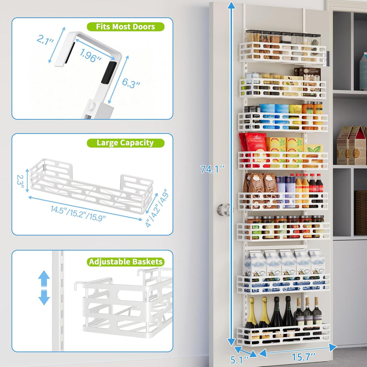 6-Tier Over the Door Pantry Organizer, Pantry Organization And Storage, Hanging Storage Organizer Spice Rack Metal Shelving for Home & Kitchen, Office Laundry Room Bathroom Black