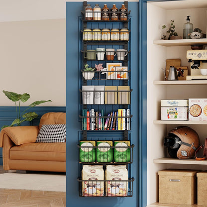 Over The Door Pantry Organizer, 8-Tier Over The Door Organizer with Adjustable Baskets, Metal Hanging Spice Rack for Pantry Organizers and Storage, Suitable for Kitchen Laundry Room & Bathroom, White