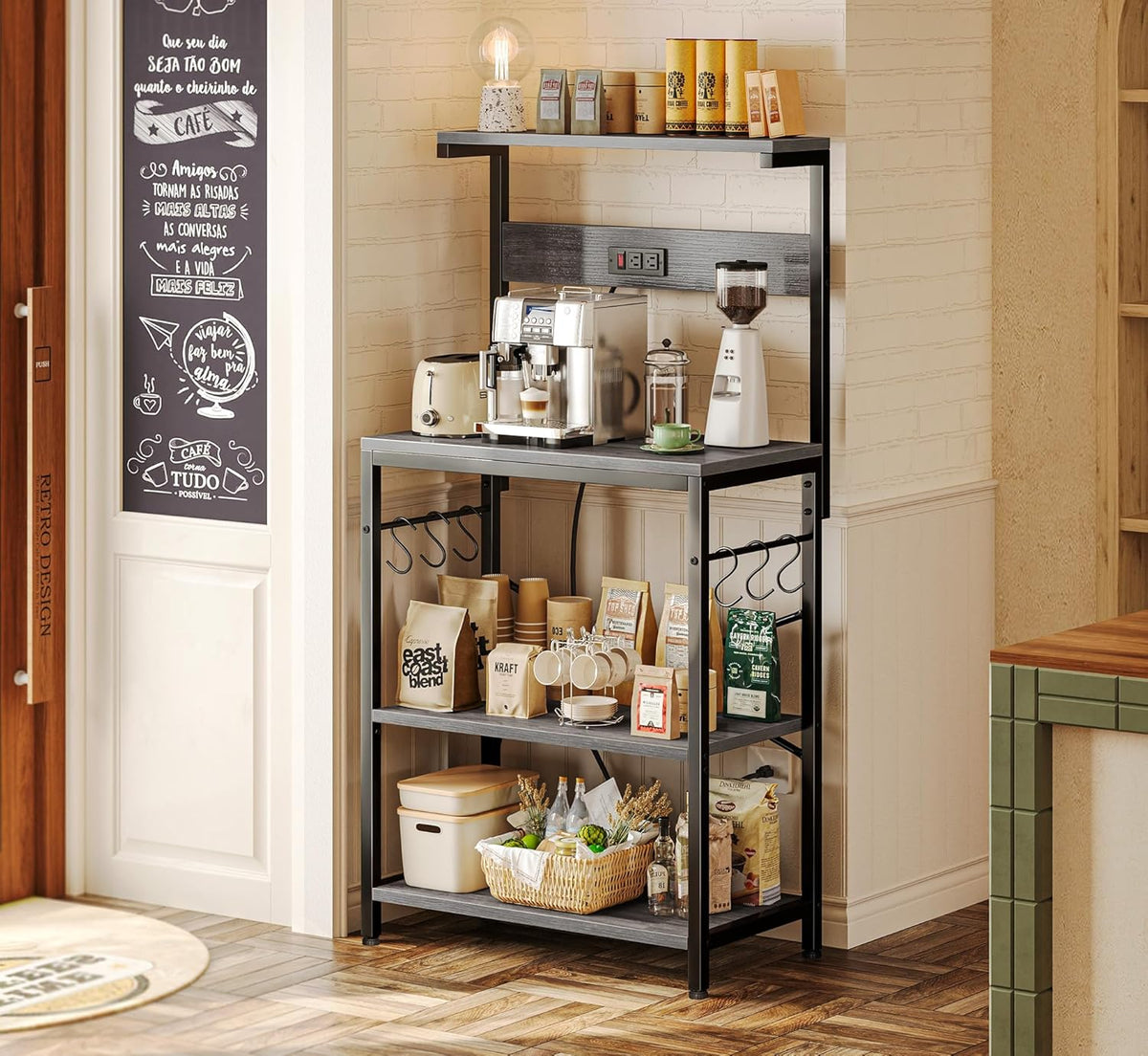 SUPERJARE Kitchen Bakers Rack with Power Outlet, Coffee Bar Table 4 Tiers, Kitchen Microwave Stand with 6 S-shaped Hooks, Storage Shelf Rack for Spices, Pots and Pans - Rustic Brown
