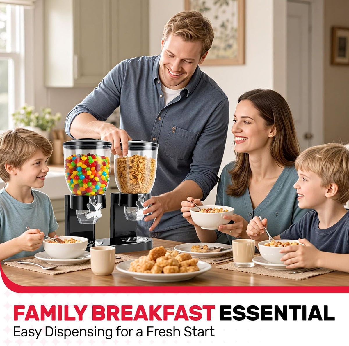 Triple Cereal Dispenser Countertop 2L, Airtight Cereal Containers Storage, Large Capacity Total 6L for Kitchen Pantry, Rotating Dry Food Dispenser for Candy, Nut, Coffee Beans, White