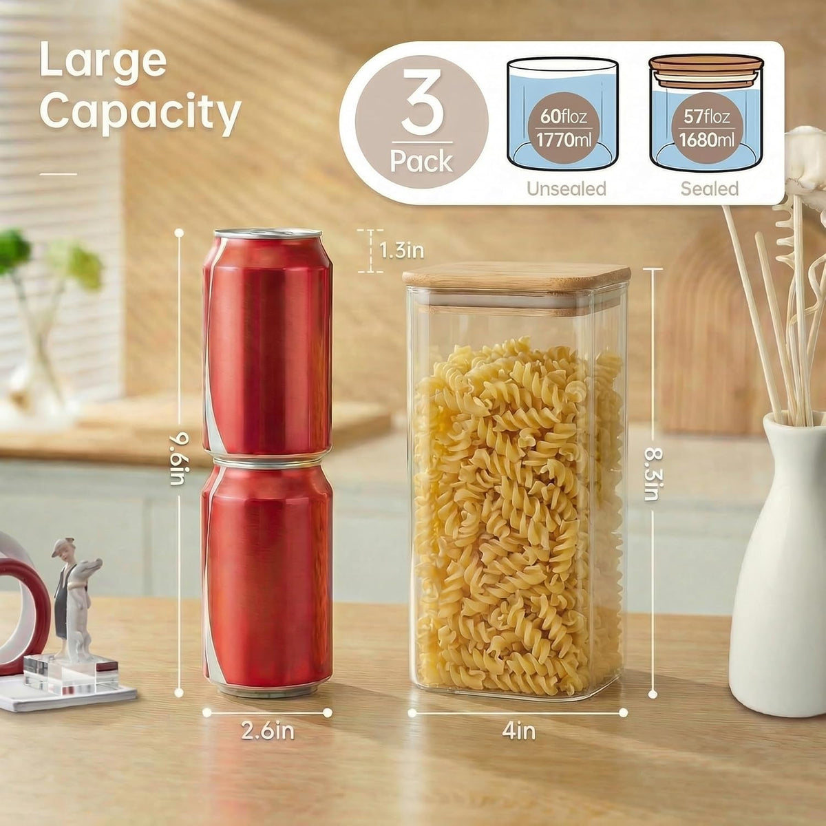 Extra Large Square Glass Flour & Sugar Storage Containers with Airtight Lids, 168 floz - Glass Jars with Bamboo Lids for Pantry, Air tight Food Storage Containers for Cereal, Pasta, Rice