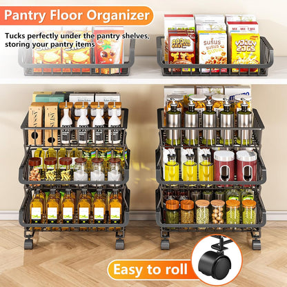 Gsiekare 3-Tier Rolling Pantry Organizer and Storage Cart with Wheels – Stackable Wire Snack Cart for Kitchen, Pantry Shelves and Storage Rack for Fruit, Vegetables, Onion, Potato (1 Pack)