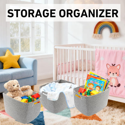 3 Pack Woven Rope Storage Baskets for Shelves,13.5"×11"×9.5" Storage Bins with Handles,Empty Gift Baskets,Nursery Organizer for Toys,Towels,Books,Closet,Living Room,Bedroom (White & Brown)