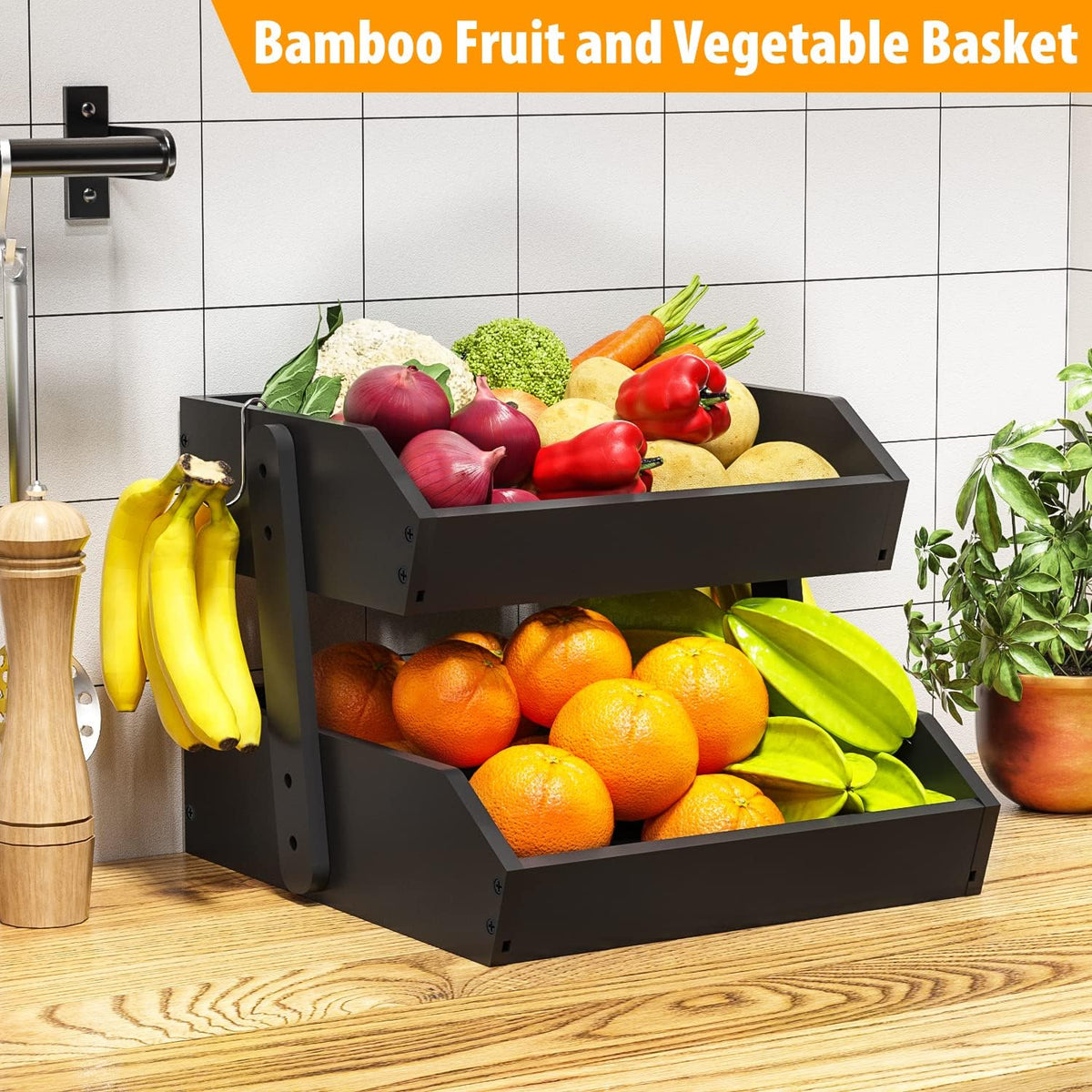 Gmtsl Bamboo Fruit Basket for Kitchen – 3 Tier Fruit Bowl For Kitchen Counter, Large Fruit Holder With 2 Banana Hangers, Idea For Fruit and Vegetable Storage, Bread Basket, Snack Organizer(BLACK)