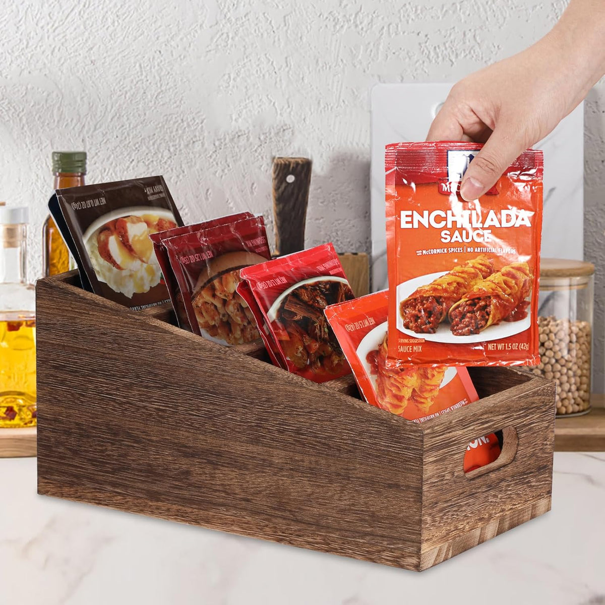 BSTKEY Seasoning Packet Organizer with Handle, Food Packet Storage with 4 Stairstep Compartments, Wooden Storage Caddy for Pantry Cabinet, Farmhouse Kitchen Organization Bin for Snacks Spice Packets