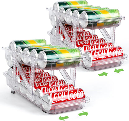 CECOLIC 2 Pack Drink Organizer for Refrigerator, Soda Can Dispenser, Adjustable Width Canned Food Pop Cans Container Beverage Holder for Fridge Organizing, Clear Plastic Storage Bins