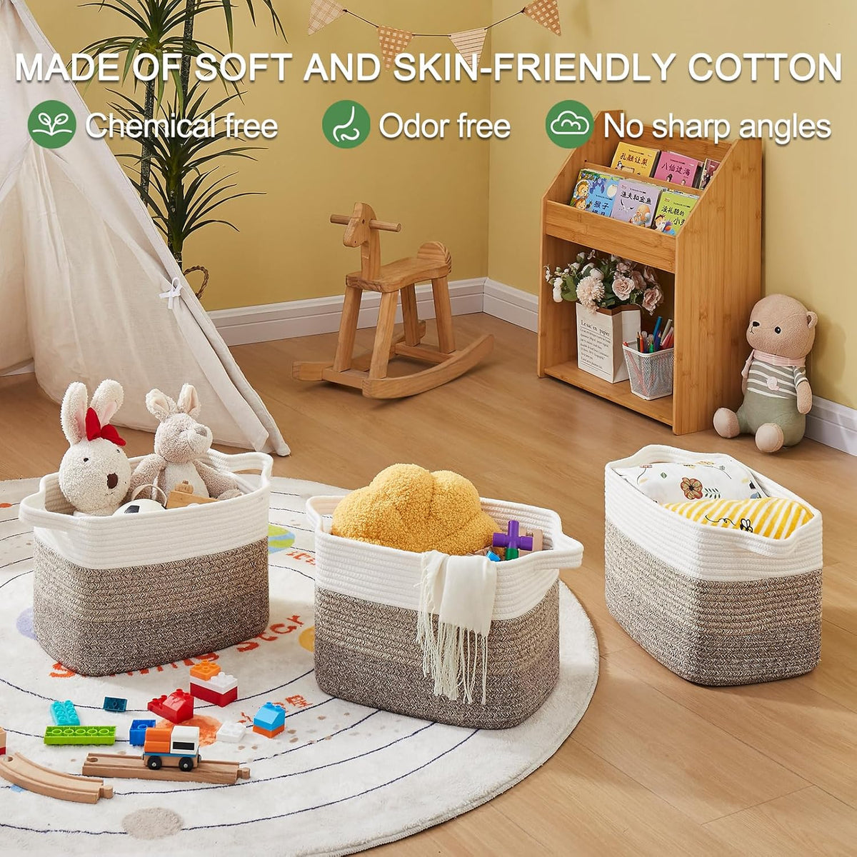 OIAHOMY Storage Basket, Woven Baskets for Storage, Cotton Rope Basket for toys,Towel Baskets for Bathroom - Pack of 3, Gradient Yellow