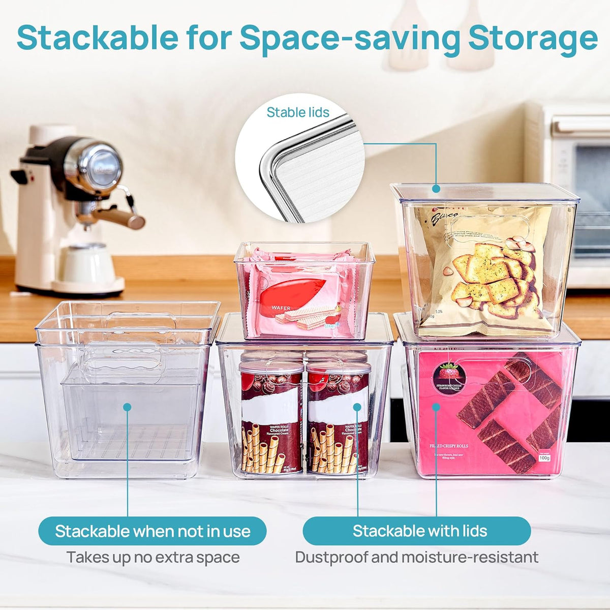 Vtopmart 8 Pack Clear Plastic Storage Bins Set, 4 Large Pantry Organizer Bins with Lids & Handles and 4 Medium Snack Organizer Bins with 4-Compartment for Pantry, Kitchen, Fridge, Cabinet Organization