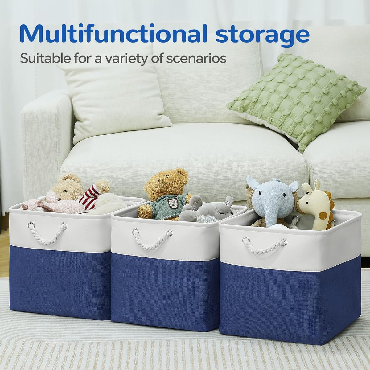 Large Storage Baskets- 15.7x11.8x8.26 inch Storage Bins for Shelves and Closet Organizing, Foldable Fabric Bin for Home Organization Clothes and Laundry (3-Pack, White&Khaki)