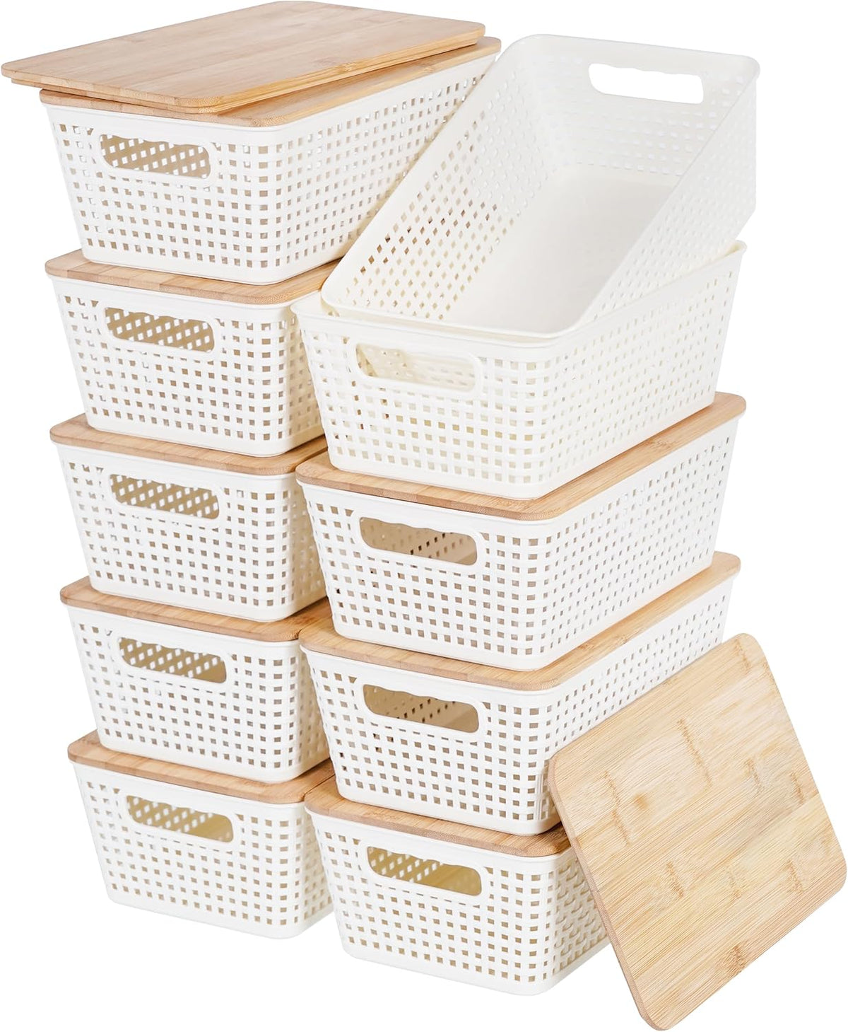 Small Storage Bins with Lids 6 Packs, Plastic Storage Basket with Bamboo Lid for Pantry Organization and Storage Containers for Shelves Drawers Desktop Closet Playroom Office Home, White