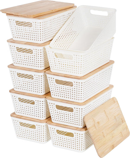 Small Storage Bins with Lids 6 Packs, Plastic Storage Basket with Bamboo Lid for Pantry Organization and Storage Containers for Shelves Drawers Desktop Closet Playroom Office Home, White