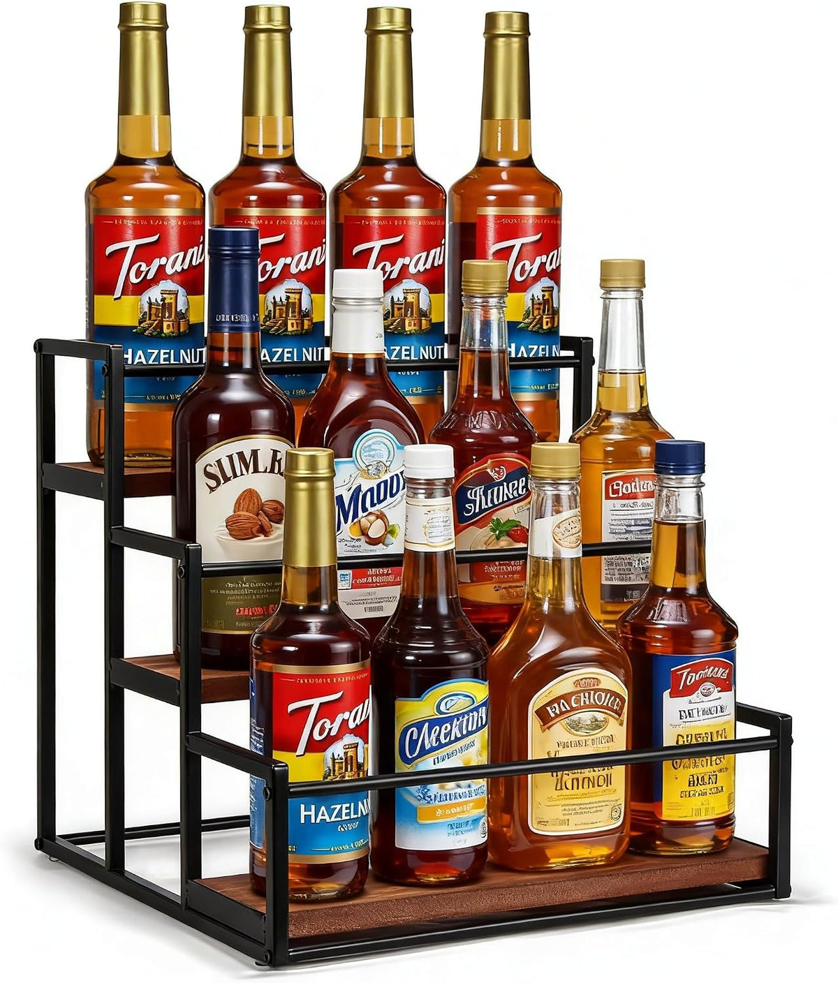 THYGIFTREE Coffee Syrup Rack Organizer 2-Tier 10 Syrup Bottles Holder Stand Metal with Wood Base for Coffee Bar Storage Shelves for Kitchen Countertop Matte Black