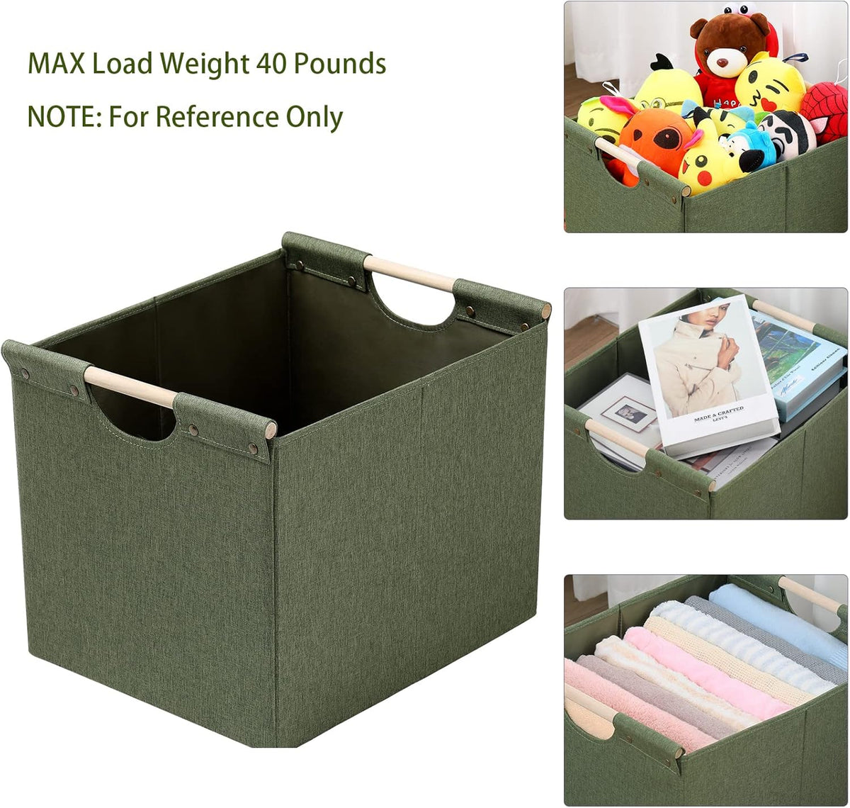 HOONEX Large Collapsible Storage Bins, Linen Fabric, Pack of 2, Storage Baskets with Wooden Carry Handles and Sturdy Heavy Cardboard, for Home, Office, Car, Nursery, Black
