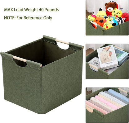 HOONEX Large Collapsible Storage Bins, Linen Fabric, Pack of 2, Storage Baskets with Wooden Carry Handles and Sturdy Heavy Cardboard, for Home, Office, Car, Nursery, Black