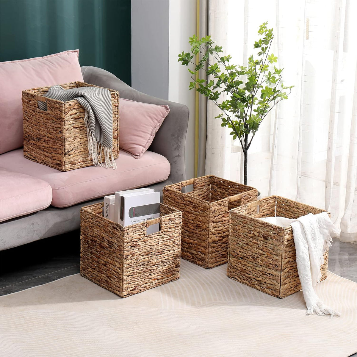 12x12in Storage Baskets Set of 4 Water Hyacinth Baskets,Foldable Handwoven Storage Cubes,Wicker Cube Baskets Laundry Organizer Totes for Home