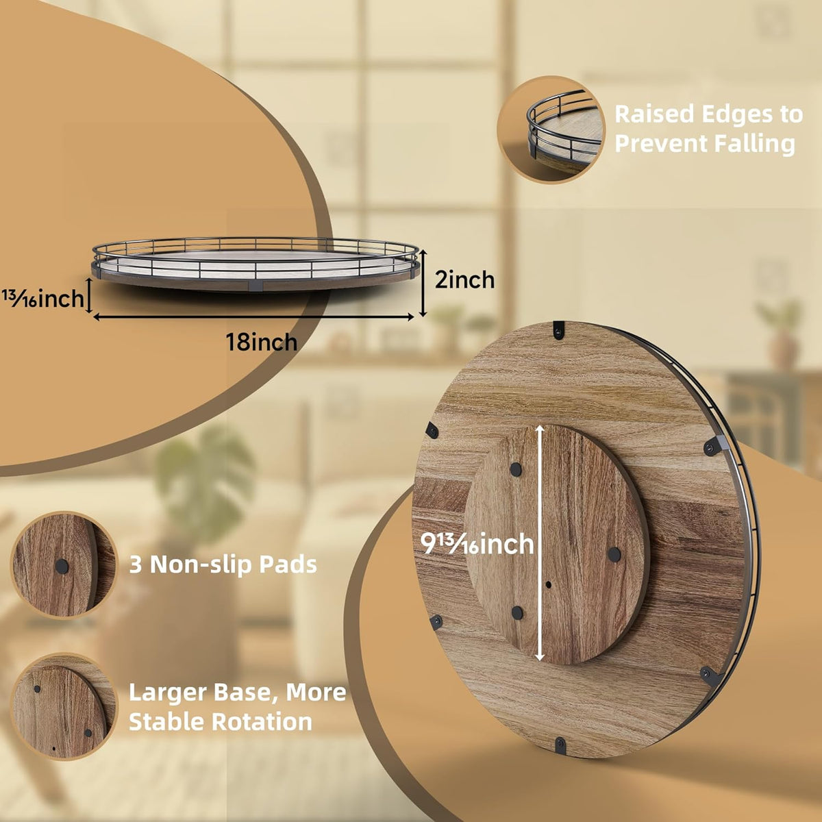 Acacia Wood 13" Lazy Susan Turntable Organizer for Table Top, Farmhouse Round Wooden Lazy Susan for Cabinet Kitchen Centerpieces Coffee Table, for Condiments Spices, Bathroom Vanity Tray Decor