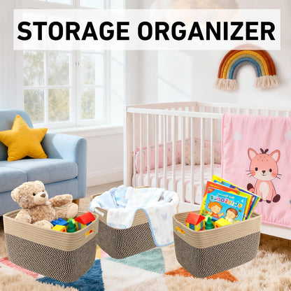 3 Pack Woven Rope Storage Baskets for Shelves,13.5"×11"×9.5" Storage Bins with Handles,Empty Gift Baskets,Nursery Organizer for Toys,Towels,Books,Closet,Living Room,Bedroom (White & Brown)