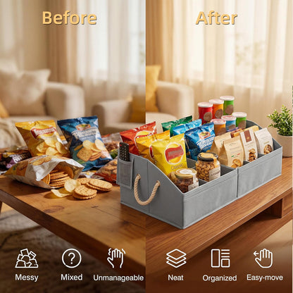 VAESIDA Large Snack Organizer for Countertop, Foldable Storage Basket with 8 Adjustable Compartments & Handles, 28'' Snack Containers Box for Pantry, Snack Bar Station & Movie Night Supplies