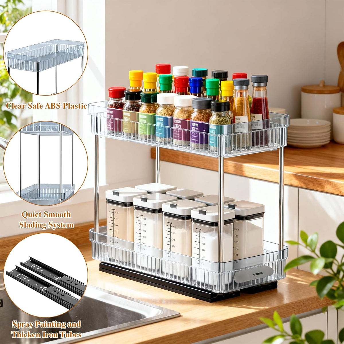 Pull Out Spice Rack Organizer for Cabinet, Slide Out Spice Racks Organizer, Spice Cabinet Organizers, Cabinet Size Need:12'' Highx11'' Deepx5'' Wide,Hold 10 Spice Jar Each Tier-2Tier, Black