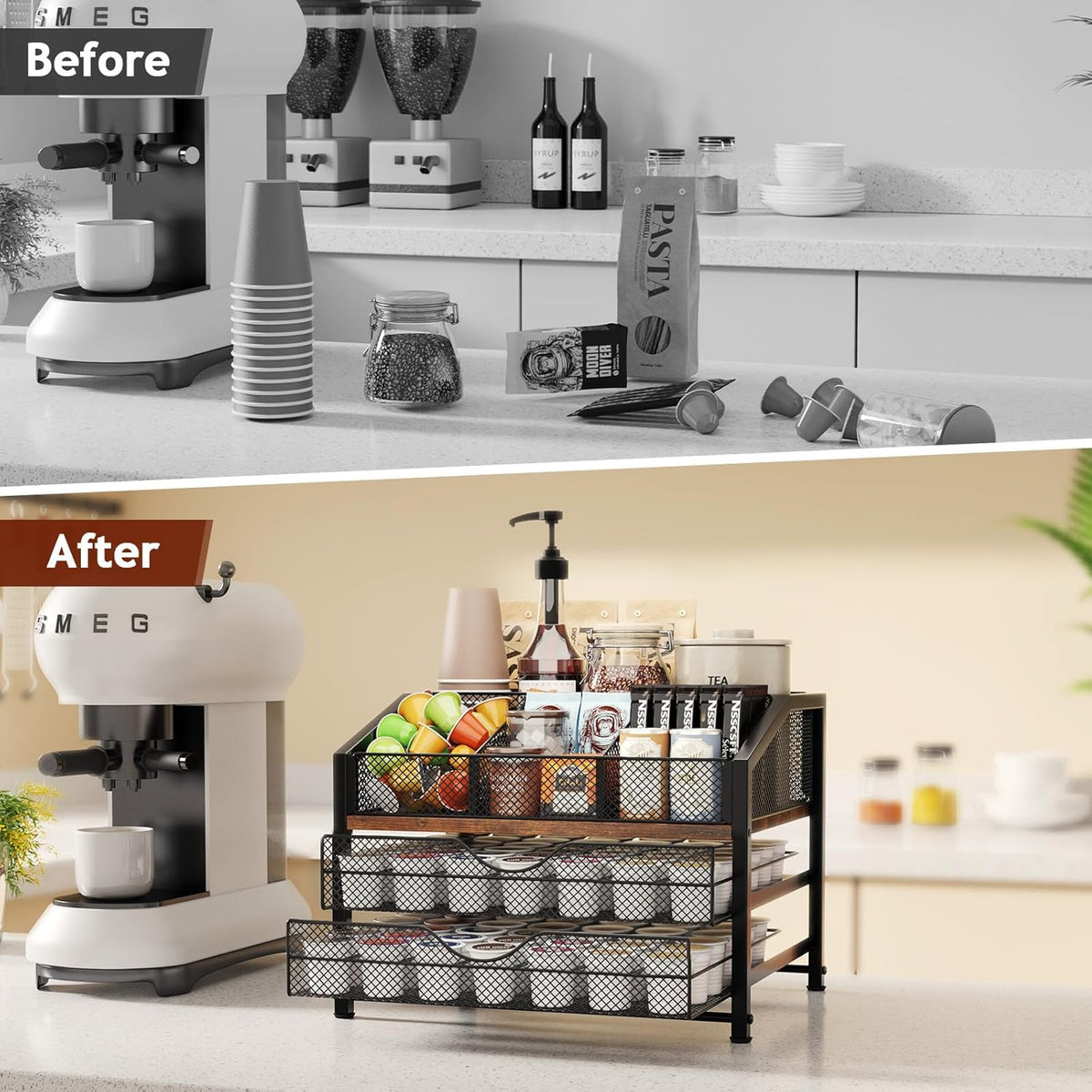 Homsorout Coffee Bar Organizer - Coffee Station for Countertop, Metal and Wood K Cup holder Storage Basket for Coffee Pods, Syrup, Cups, Stirrer, Coffee Condiment, Tea Organizer, Black and Brown
