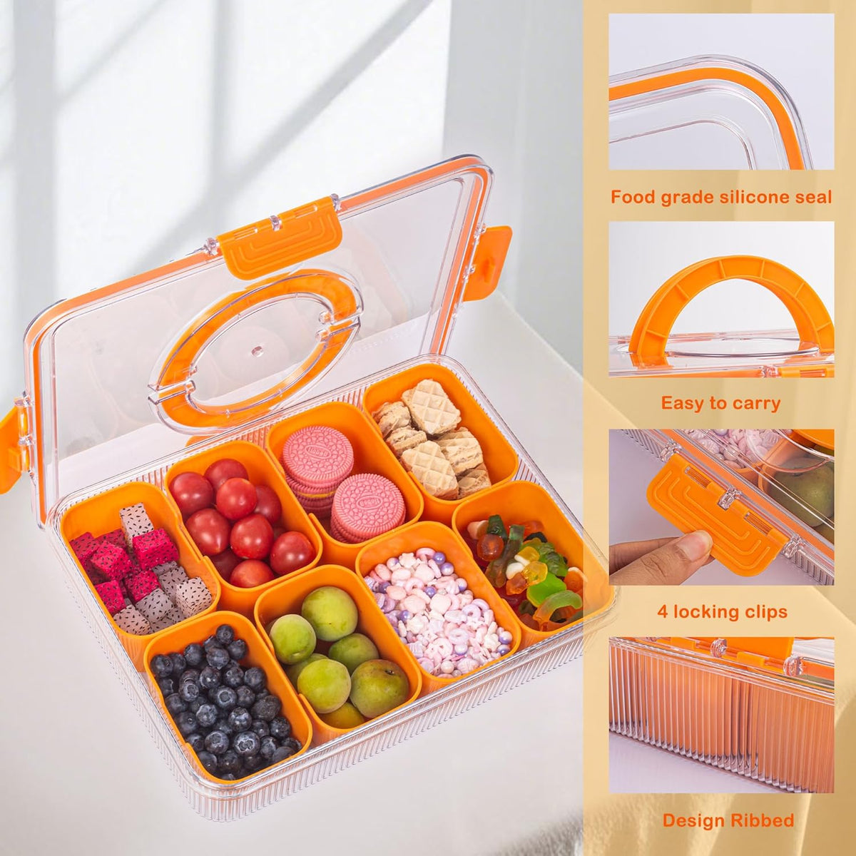 Patent Design Ribbed Snackle Box Container Snack Container Divided Serving Tray with Lid and Handle, 8 Divider Portable Snacklebox for Travel Beach for Charcuterie Veggie Fruit Candy,1 Pack