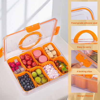 Patent Design Ribbed Snackle Box Container Snack Container Divided Serving Tray with Lid and Handle, 8 Divider Portable Snacklebox for Travel Beach for Charcuterie Veggie Fruit Candy,1 Pack