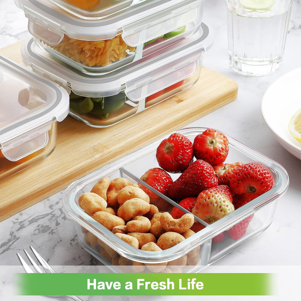 36oz Large Glass Meal Prep Containers with lids, Glass Food Storage Containers with Leak Proof Snap Lock Lids, Airtight Bento lunch Boxes, Kitchen Storage, Oven, Freezer and Dishwasher Safe