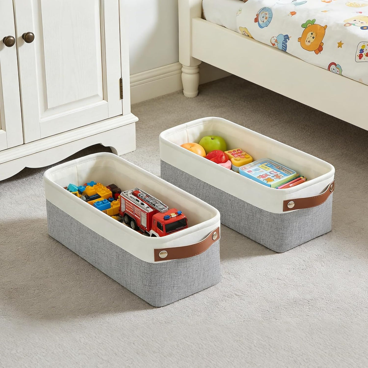 Bagnizer Large Fabric Storage Baskets | 50L Storage Bins, Decorative Linen Closet Baskets with Handles for Organizing, Shelf, Toys, Clothes, Home, Office, Nursery, 17x12x15Inches (Grey&White)