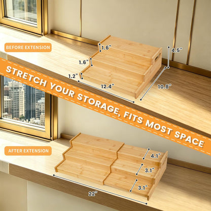 Expandable Bamboo Can Rack Organizer, 3 Tier Canned Food Storage Holder for Pantry, Adjustable Pantry Soda Can Organizer Shelf for Kitchen Spice, Countertop, Cat Food, Cabinet Storage Hold for 24 Cans