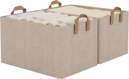 StorageWorks Storage Bins, Shelves Baskets for Organizing, Fabric Closet Organizers with Handles, Metal Frame, Beige-Cotton-linen, 2-Pack