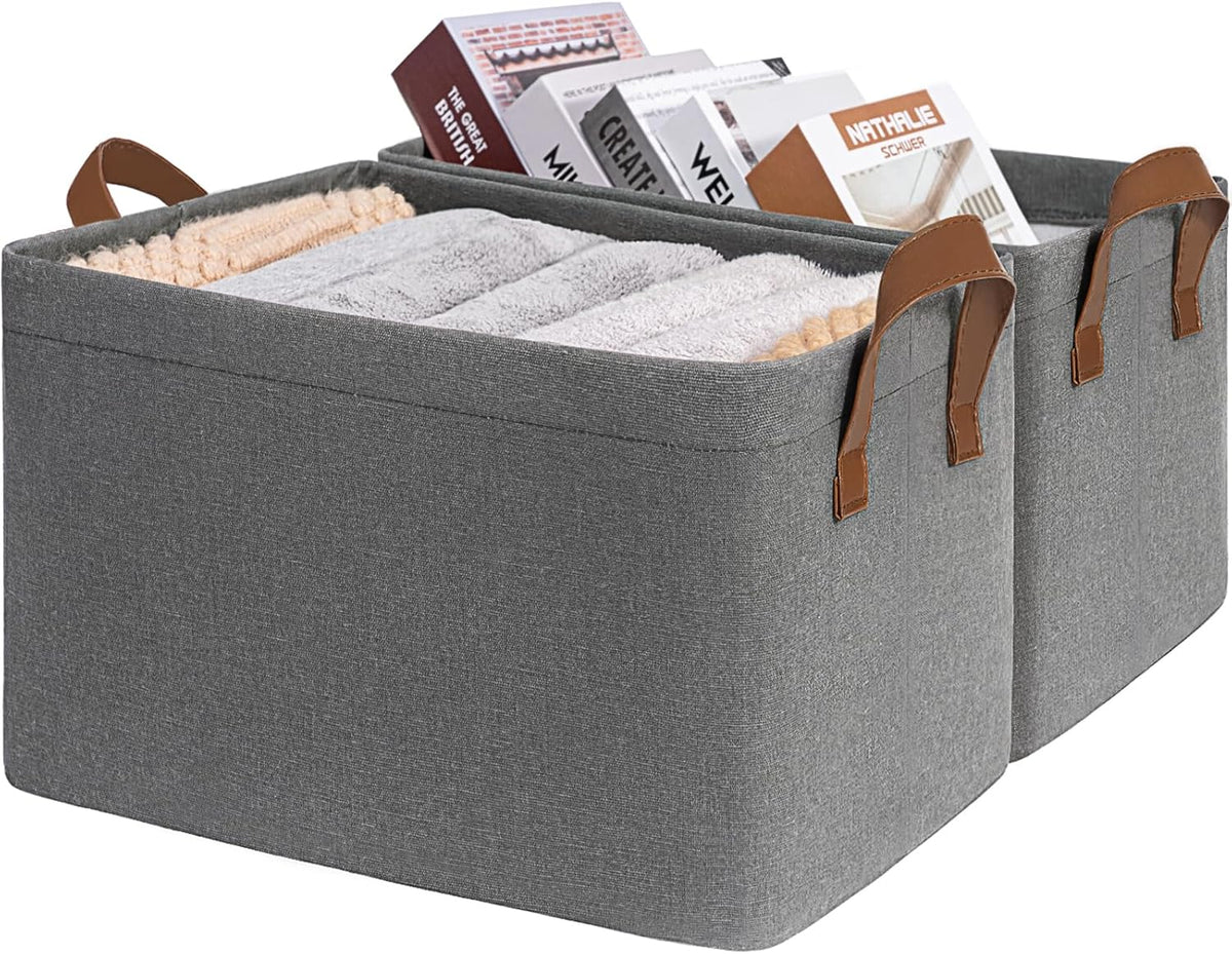 CHICVITA Large Storage Baskets for Shelves, Fabric Storage Bins with Metal Frame, Closet Organizers and Storage Boxes for Clothes Toy, Beige