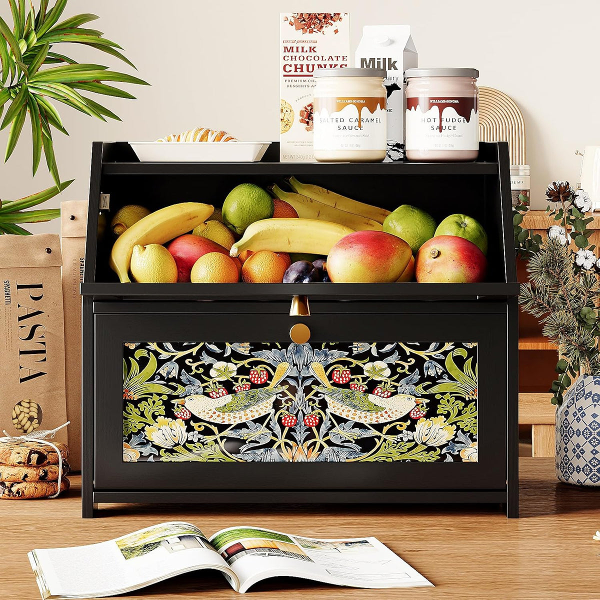 Trironsun Bread Box for Kitchen Counter Black Bread Storage Container with Acrylic Door William Morris Flower Bird Design Farmhouse Breadbox Organizer (Black)