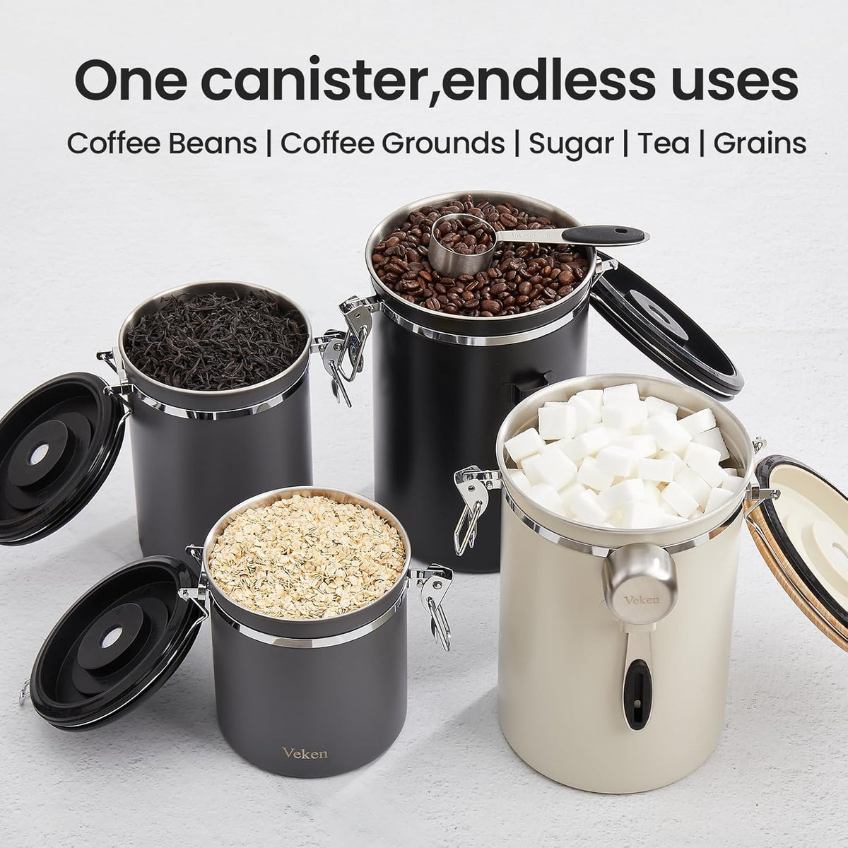 Veken Coffee Canister, 39OZ Large, Mothers Day Gifts For Women, Airtight Stainless Steel Food Storage Container for 2.2lbs Coffee Beans, Ground, Sugar, Tea, Flour, Cereal,Kitchen Bar Accessories,Cream