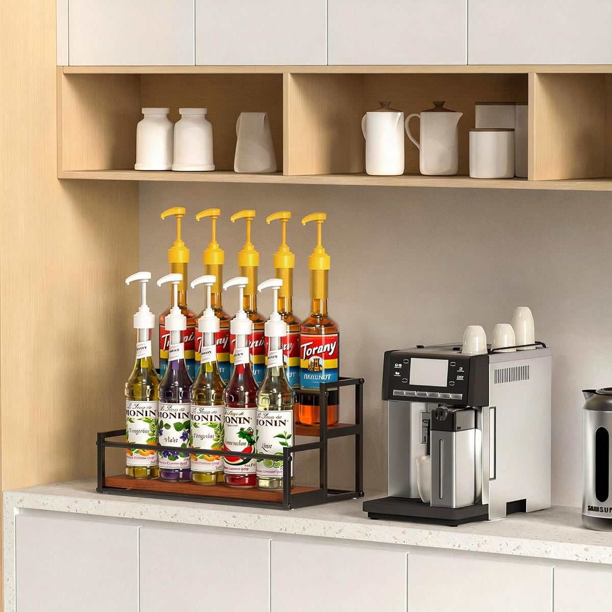 THYGIFTREE Coffee Syrup Rack Organizer 2-Tier 10 Syrup Bottles Holder Stand Metal with Wood Base for Coffee Bar Storage Shelves for Kitchen Countertop Matte Black