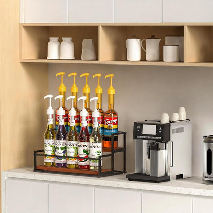THYGIFTREE Coffee Syrup Rack Organizer 2-Tier 10 Syrup Bottles Holder Stand Metal with Wood Base for Coffee Bar Storage Shelves for Kitchen Countertop Matte Black
